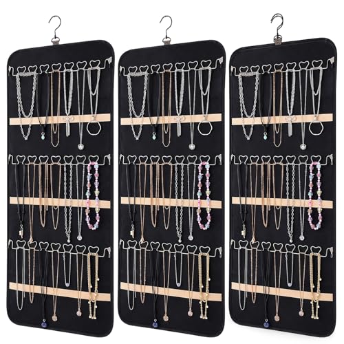 3 Pack Hanging Jewelry Organizer Storage with 48 Pockets and Hooks Dual-Sided Hanging Jewelry Organizers and Storage Hang on Closet, Wall, Door for Earrings, Necklaces, Rings,Blcak - size: Large