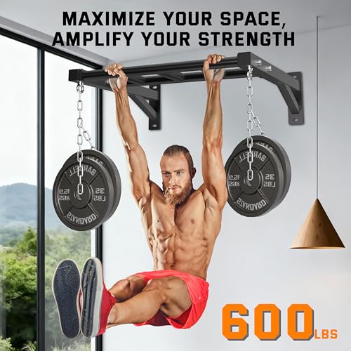 Pull Up Bar Wall Mounted, 600lbs Heavy Duty Chin Up Bar, 24" Multi-Grip Strength Training Pull-up Bars, for Garage Indoor Basement Workout Strength Training Equipment with Round Anchors