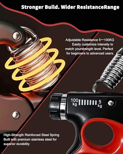 Hand Grip Strengthener & Hand Gripper, ProGrip Strength Trainer with Adjustable Resistance 11-220 LBS, Forearm Strengthener Kit for Home Gym, Rehab & Recovery Training