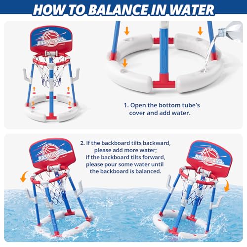 2 in 1 Pool Basketball Hoop with Ring Toss, Floating Pool Toys - Anti-Tip Stable Base - with 4 Balls/8 Rings/Pump - Summer Water Basketball Games Indoor Outdoor Gifts for Kids 4-8 & Adults, Red