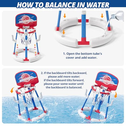 2 in 1 Pool Basketball Hoop with Ring Toss, Floating Pool Toys - Anti-Tip Stable Base - with 4 Balls/8 Rings/Pump - Summer Water Basketball Games Indoor Outdoor Gifts for Kids 4-8 & Adults, Red