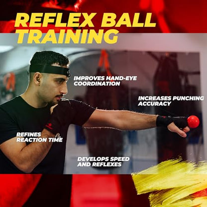 Boxing Reflex Ball for Adults and Kids - React Reflex Balls on String with Headband, Carry Bag and Hand Wraps - Improve Hand Eye Coordination, Punching Speed, Fight Reaction - style: Adults