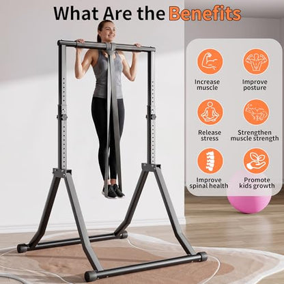 Foldable Power Tower Dip Station for Pull Ups, 66.1"-84.6" 12 Level 700 LBS, Adjustable Dip Handles & Assistance Bands Foldable Home Gym Equipment - color: 66"-85" with Assistance Bands