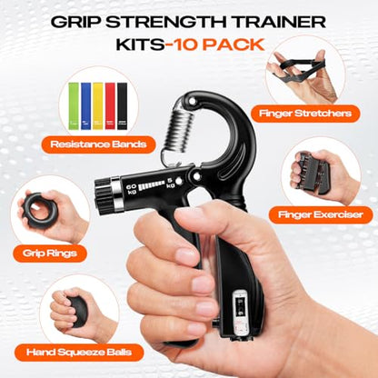 Grip Strength Trainer Kit (10-Pack): Adjustable Hand Gripper & Forearm Strengthener with Finger Stretcher, Ring, Stress Ball & 5 Bands for Muscle & Recovery.