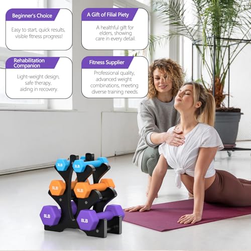 Portzon Weights Dumbbells Set 3, 5, 8, and 10 Pound Neoprene Dumbbell Free Hand Weight Set with Rack, Ideal for Home Exercises, 32 LB, Anti-Slip, Anti-roll, Hex Shape