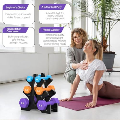 Portzon Weights Dumbbells Set 3, 5, 8, and 10 Pound Neoprene Dumbbell Free Hand Weight Set with Rack, Ideal for Home Exercises, 32 LB, Anti-Slip, Anti-roll, Hex Shape