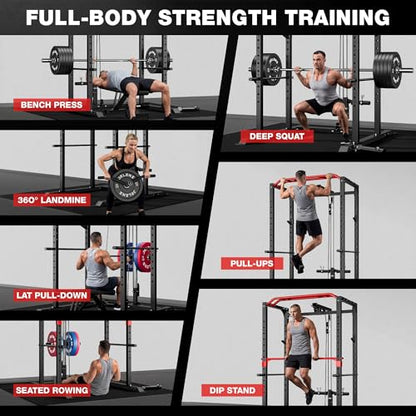 S11 Power Cage, 2000LB Multi-Function Power Rack with LAT Pulldown, Squat Rack with Adjustable Pulley System and Training Attachments, Weight Rack for Home Gym - style: 190LB Black Weights Package