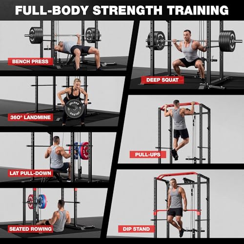 S11 Power Cage, 2000LB Multi-Function Power Rack with LAT Pulldown, Squat Rack with Adjustable Pulley System and Training Attachments, Weight Rack for Home Gym - style: 260LB Colored Weights Package