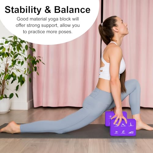 2 Yoga Block and 2 Yoga Strap Set,Non-slip EVA Foam Blocks, High Density Yoga Bricks with 6ft Strap, Supportive Latex-Free Yoga Block Accessories for Pilates - color: Purple