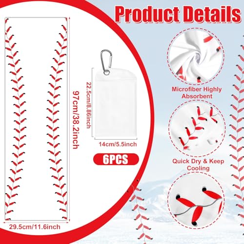 6Pcs Baseball Cooling Towels with Bags 38x12 in Breathable Chilly Microfiber Ice Towel Fast Drying Sport Team Gift for Player Coach Gym Workout Biking Running Yoga (Baseball) - color: White