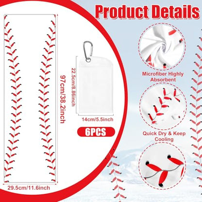 6Pcs Baseball Cooling Towels with Bags 38x12 in Breathable Chilly Microfiber Ice Towel Fast Drying Sport Team Gift for Player Coach Gym Workout Biking Running Yoga (Baseball) - color: White