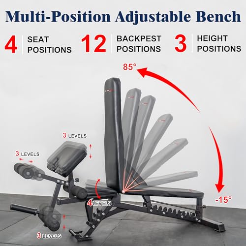 Adjustable Weight Bench, Adjustable Flat Incline Decline Home Gym Bench, Heavy-Duty 12-Gauge Steel Frame with Leg Extension and Preacher Pad for Small Space Apartment Room