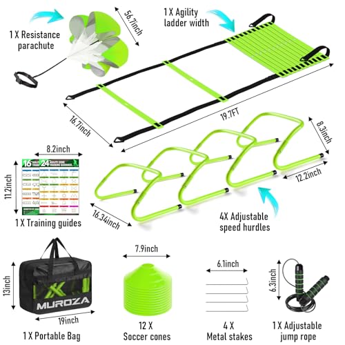 Agility Ladder, Agility Speed Training Equipment Set, 20ft Speed Ladder, 12 Soccer Cones, 4 Hurdles, Jump Rope, Running Parachute, Soccer Football Basketball Training Equipment Accessories