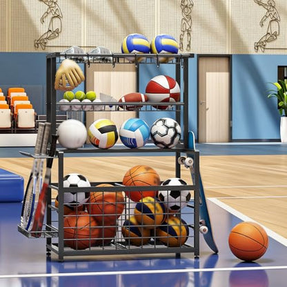 HOOBRO Sports Equipment Garage Organizer, Ball Storage Rack with Basket, Heavy Duty Ball Holder with Hooks, for Outdoor, Garage, Club, Basement, Black BK80JJ01