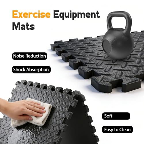 Puzzle Exercise Mat ½ in, EVA Interlocking Foam Floor Tiles for Home Gym, Mat for Home Workout Equipment, Floor Padding for Crawling, Black, 20 in x 20 in x ½ in, 64 Sq Ft - 24 Tiles (24, Black)