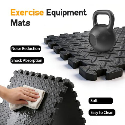 Puzzle Exercise Mat ½ in, EVA Interlocking Foam Floor Tiles for Home Gym, Mat for Home Workout Equipment, Floor Padding for Crawling, Black, 20 in x 20 in x ½ in, 64 Sq Ft - 24 Tiles (24, Black)
