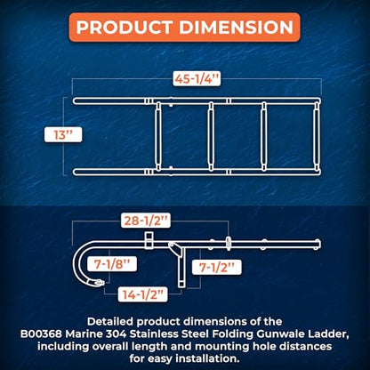 B00365-4 Step Gunwale-Mounted Removable Ladder | Marine 304 Stainless Steel Heavy-Duty Boarding Ladder | Corrosion-Resistant w/Deck Mount Brackets | Non-Slip Steps for Boats & Yachts