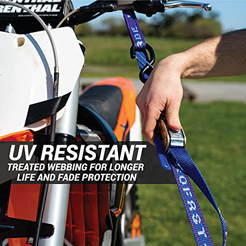 Heavy Duty Motorcycle Tie Down Straps - 1" x 8' Cam Buckle Straps with Soft Loops & Safety Hooks - Secures Motorbikes, Dirtbikes, ATV, UTV - 2 Pack - color: Blue