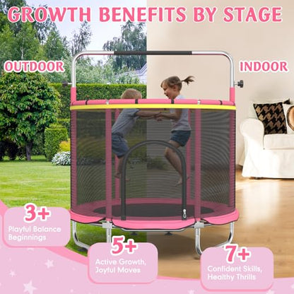 Trampoline for Kids, 55" Indoor & Outdoor Toddler Trampoline, Anti-Rollover Bottom Kids Toys with Adjustable Gymnastics Bars, Toddler Swing, Basketball Hoop