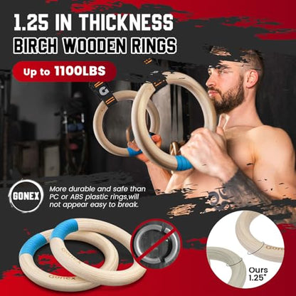 Gonex Wooden Gymnastic Rings with Adjustable Number Straps, Olympic Rings for Gym, Workout, Exercise, Outdoor Training, Quick Install Carabiner, 8.7 ft Straps Pull Up Non-Slip Rings