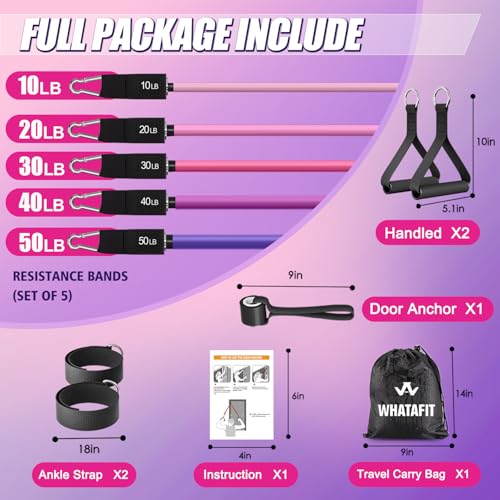 WHATAFIT Resistance Bands, Exercise Bands, Workout Bands with Handles, Door Anchor and Ankle Straps, 5 Resistance Levels Fitness Bands for Strength Training, Physical Therapy, and Home Gym Equipment