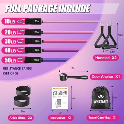 WHATAFIT Resistance Bands, Exercise Bands, Workout Bands with Handles, Door Anchor and Ankle Straps, 5 Resistance Levels Fitness Bands for Strength Training, Physical Therapy, and Home Gym Equipment