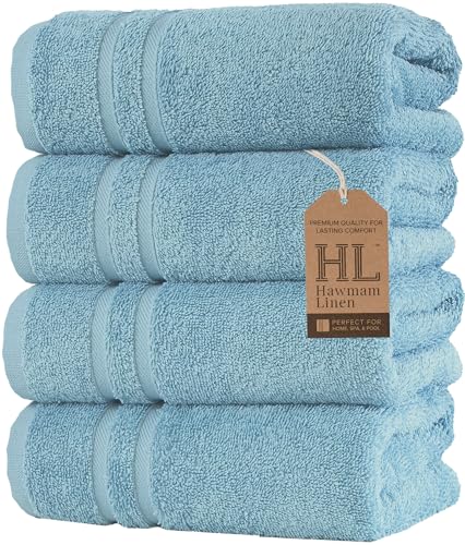 Hawmam Linen Light Blue Hand Towels 4 Pack Turkish Cotton Premium Quality Soft and Absorbent Small Towels for Bathroom