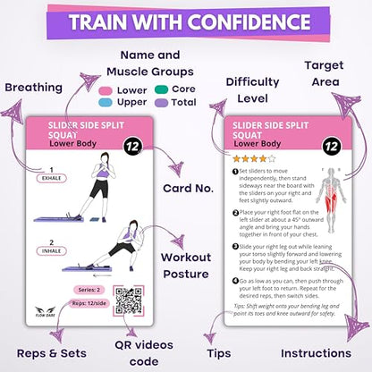 Pilates Board Workout Cards – 67 Exercise Cards with Videos & Workout Plan - Includes 5-Week Challenge, Ebook, Progress Chart & 2 Rings for Easy Organization - Home Portable Reformer Guide for Women
