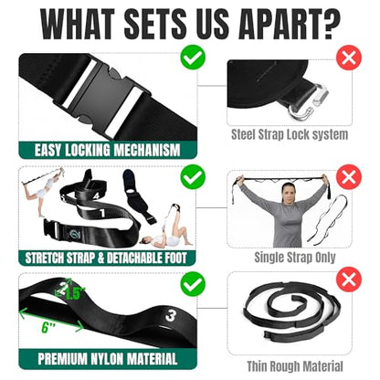 Stretch Strap with Loops Physical Therapy - Full Body Exercise Straps for Stretching with Detachable Foot - Leg & Calf Stretcher for Plantar Fasciitis, Physical Therapy, Pain Relief, and Flexibility - color: Black