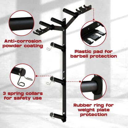 Yes4All 6 Pegs & 4 Barbell Storage Racks Load Up to 1190 LBS - Wall Mounted Weight Plate Tree & Barbell Holder - color: A. Wall Mounted (Black), style: A. Wall Mounted
