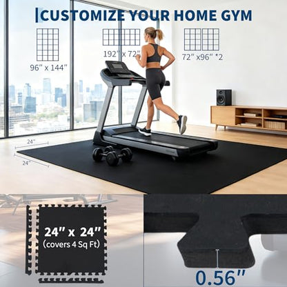 Garvee Exercise Equipment Mats 0.56" Thick 48 Sq ft Gym Flooring – 12 Tiles (24" x 24") Rubber Top with High Density EVA Foam, Interlocking Puzzle Workout Mats for Home Gym Exercise– Black
