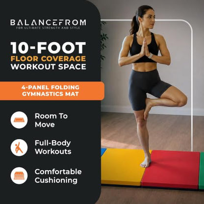 BalanceFrom 10x4 Feet 4-Panel Folding Gymnastics Mat – 2-Inch Thick Pad with Vinyl Surface and Carrying Handles for Tumbling, Yoga, Pilates, Home Workouts, and Martial Arts - color: Multi-Color