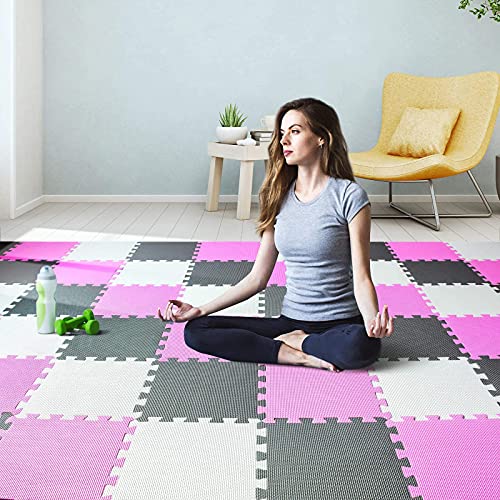 qqpp EVA Rubber 18 Tiles Interlocking Puzzle Foam Floor Mats - Baby Play Mat for Playing | Exercise Mat for Home Workout. White, Pink, Gray. QC-ACLb18N