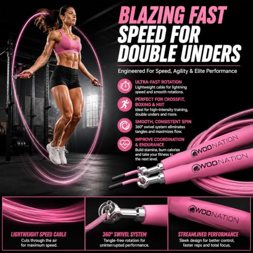 WOD Nation Adjustable Speed Jump Rope For Men, Women & Children - Blazing Fast Fitness Skipping Rope Perfect for Boxing, MMA, Endurance - color: Pink