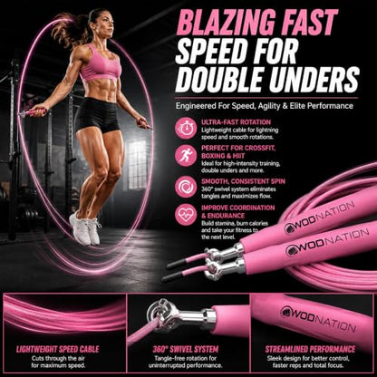 WOD Nation Adjustable Speed Jump Rope For Men, Women & Children - Blazing Fast Fitness Skipping Rope Perfect for Boxing, MMA, Endurance - color: Pink
