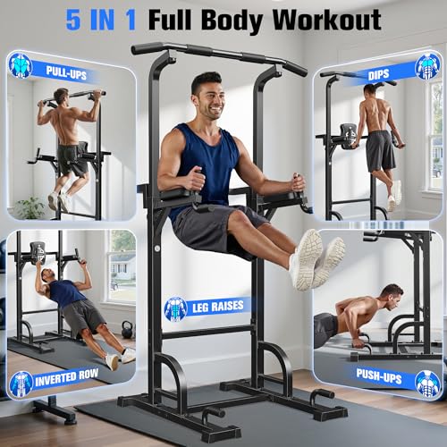Sportsroyals Power Tower Pull Up Bar Station, 450LBS Stable Pull Up Dip Station for Home Gym Strength Training Equipment | FED Fitness - color: Black-01