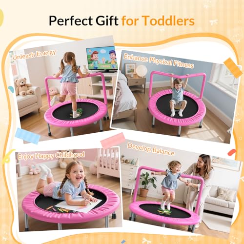 BCAN SP1 36'' Toddler Trampoline, ASTM Certified - Kids Trampoline for Ages 1-6, Foam Handle & Safe Thickened Cover, Mini Trampolines for Kids Indoor, Easy to Assemble| FED Fitness - color: Pink