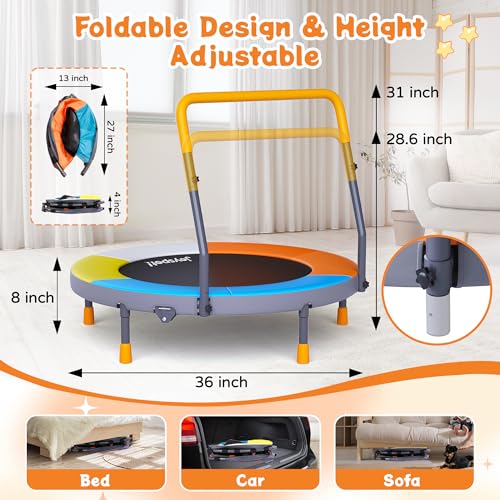 Premium 3FT Foldable Toddler Trampoline for Kids Ages 1-6, 36 Inch ASTM Certified Mini Trampoline with Adjustable Handle, 100 lbs Capacity, Quiet Elastic Bands, Safe for Indoor Outdoor Use