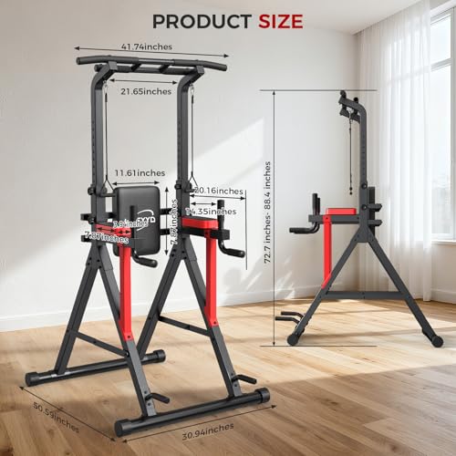 Power Tower Pull Up Bar Free Standing - 13-Level Adjustable Height Dip Station with X-Frame Stability, Multi-Grip Handles, Backrest, Anti-Slip Foot Pads - Home Gym Strength Training Equipment - color: Black Red