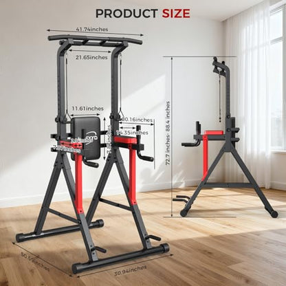 Power Tower Pull Up Bar Free Standing - 13-Level Adjustable Height Dip Station with X-Frame Stability, Multi-Grip Handles, Backrest, Anti-Slip Foot Pads - Home Gym Strength Training Equipment - color: Black Red