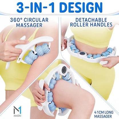 Cellulite Massage Roller - Handheld Fascia Massager for Legs, Thighs, Buttocks & Belly - Blue - Deep Tissue Massage Tool with Detachable Handles for Lymphatic Drainage & Muscle Recovery - by Mata1
