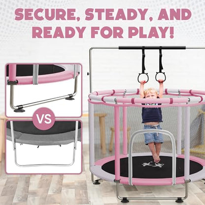 55" Toddler Trampoline for Kids Ages 3–8 – Indoor & Outdoor Kids Trampoline Anti-Tilt Frame, Adjustable Gym Bar, Basketball Hoop, Ocean Balls, Boxing Bag, Hammock & Boxing Gloves