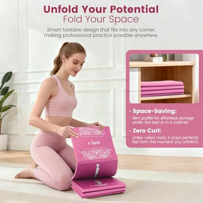 Foldable Yoga Mat and Blocks Set for Women with 2 Pack Yoga Blocks and Strap,Thin Non Slip Pilates Mat with Bag, Home Workout Equipment Essentials Starter Kit for Beginners Full Body Toning - color: Pink