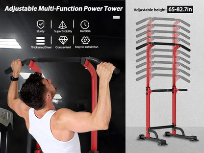 Pull Up Dip Station Adjustable 58.5-82.7 inch, Free Standing Pull Up Bar with 10 Height Settings, 400 lbs Capacity Multifunctional Home Gym Tower for Home Gym Pull Ups Dips Push Ups Core Workouts