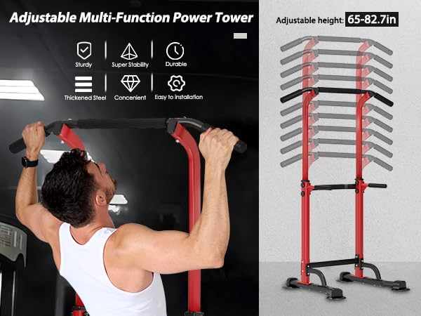 Adjustable Pull-Up Bar and Dip Station 10 Height Settings 400 lb Capacity Multifunctional Home Gym Heavy Duty Steel Widened Base for Calisthenics Red and Black