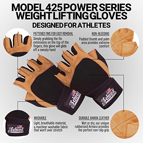 Schiek Sports Model 425 Power Series Weight Lifting Gloves - Leather Gym Gloves with Padded Palms - size: Medium