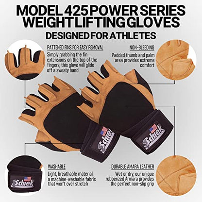 Schiek Sports Model 425 Power Series Weight Lifting Gloves - Leather Gym Gloves with Padded Palms - size: Large
