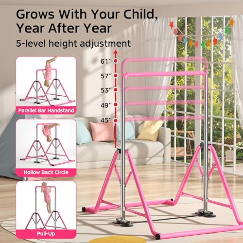 Expandable Kids Gymnastics Kip Bar - Upgraded Dual Base, Folding Adjustable Height 44''-60'', 350LBS Weight Limit, Anti-Slip Suction Feet, Home Training Bar for Kids Ages 3-13 (Pink) - color: Pink with rings and mat