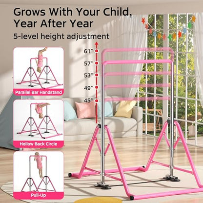 Expandable Kids Gymnastics Kip Bar - Upgraded Dual Base, Folding Adjustable Height 44''-60'', 350LBS Weight Limit, Anti-Slip Suction Feet, Home Training Bar for Kids Ages 3-13 (Pink)