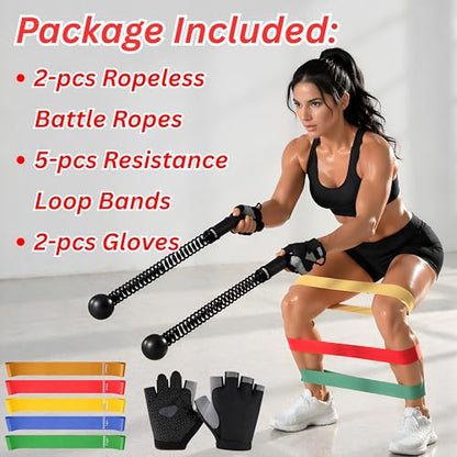 Weighted Ropeless Battle Ropes – 2PCS Cordless Battle Ropes, 5 Resistance Bands & 2 Hand Gloves for Full-Body Home Workout – Portable, Compact Exercise Gear for HIIT, Strength, and Cardio